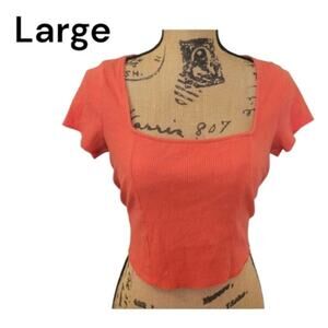 Large UO Urban Outfitters orange ribbed square neck crop top short sleeve shirt